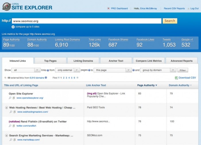 Open Site Explorer interface